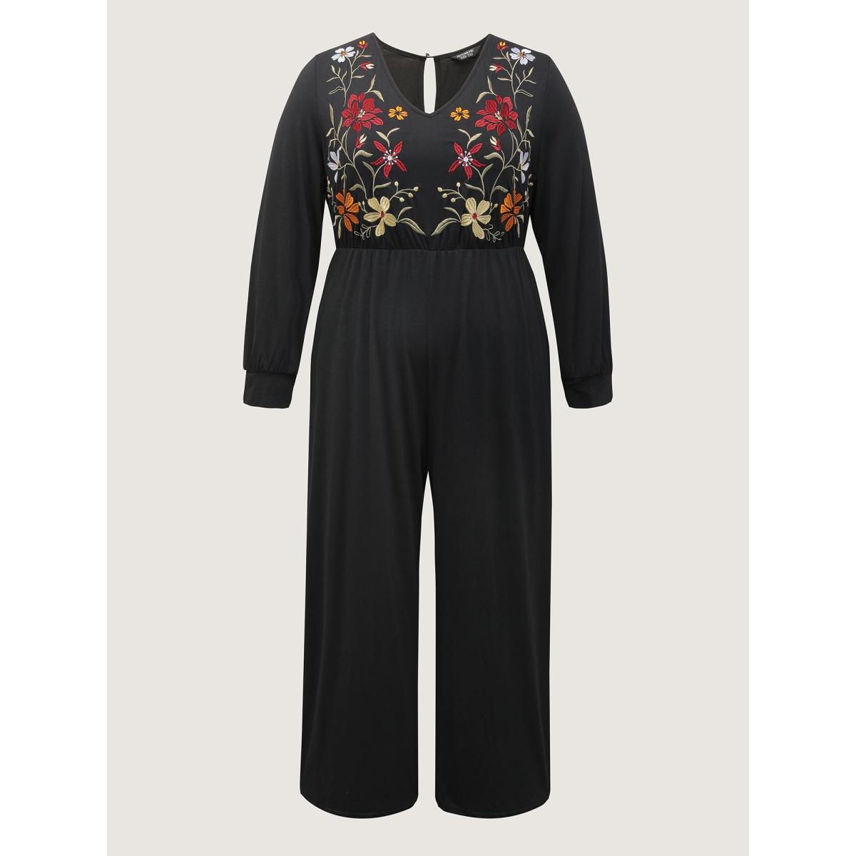 Plus Size Black Floral Embroidered Bodice Stretchy Jumpsuit Women Boho Extra Long Sleeve V-neck Vacation Loose Jumpsuits BloomChic 30/6X Product Image