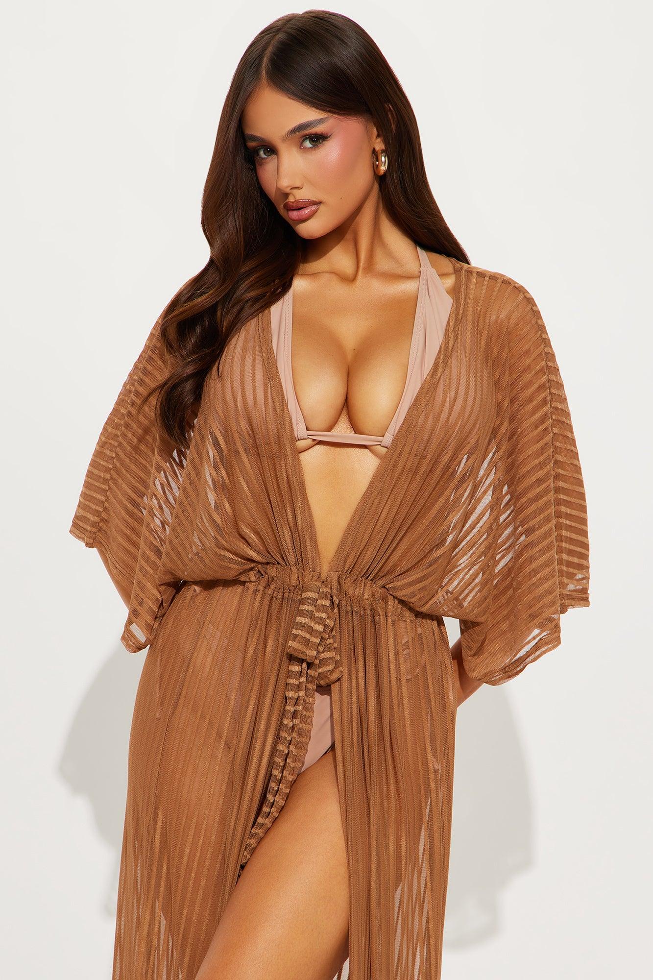 Beach Shade Stripe Cover Up Maxi Kimono - Mocha Product Image