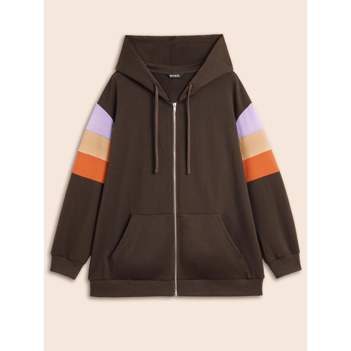 Plus Size Colorblock Contrast Pocket Hooded Sweatshirt Women DarkBrown Casual Contrast Hooded Everyday Sweatshirts BloomChic 12/L Product Image