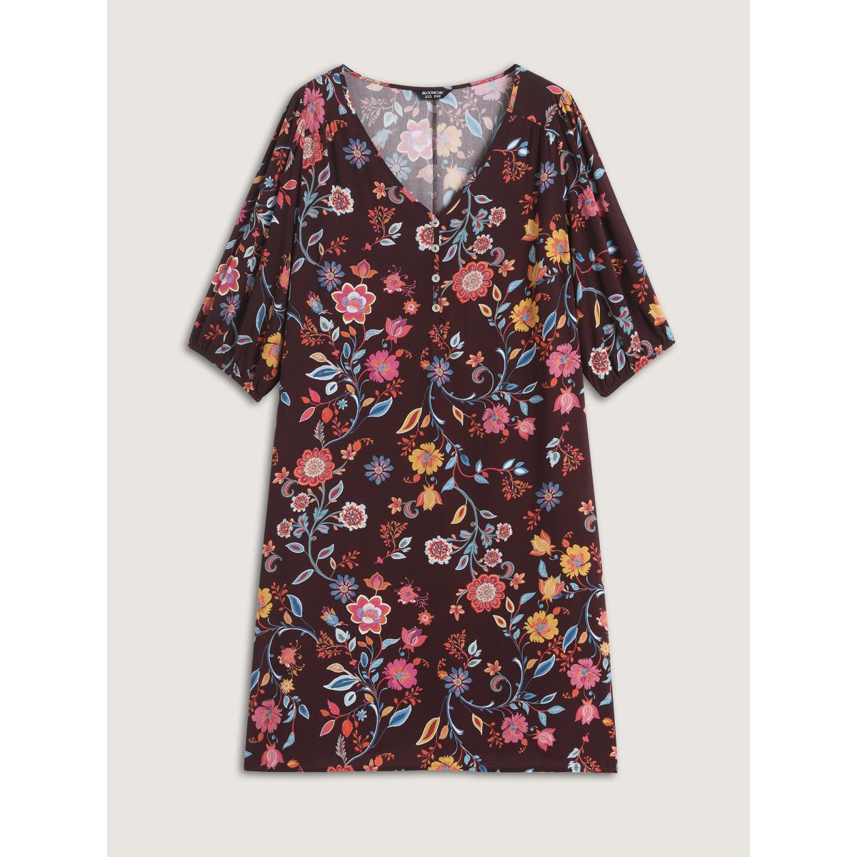 Plus Size Rayon Boho Floral Placket Midi Dress Deeppurplered Women V-neck Elbow-length sleeve Curvy BloomChic 26/4X Product Image