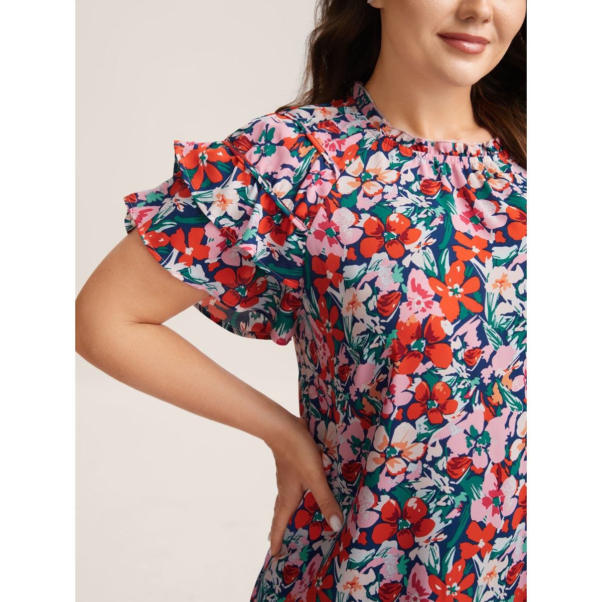 Plus Size Multicolor Groovy Floral Print Ruffled Layered Sleeve Blouse Women Leisure Short sleeve Round Neck Casual Blouses BloomChic 26/4X Product Image