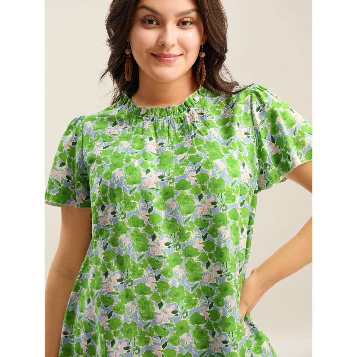 Plus Size LightGreen In Full Bloom Mock Neck Shirt Women Resort Cap Sleeve Stand-up collar Vacation Blouses BloomChic 28/5X Product Image