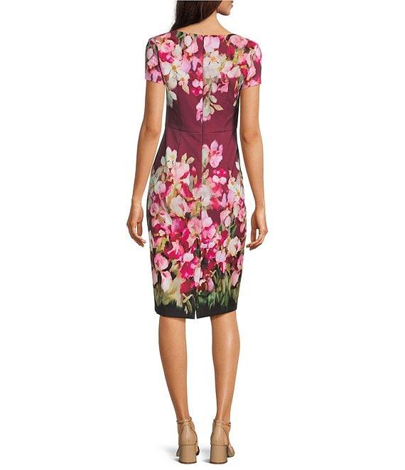 Adrianna Papell Short Sleeve Floral Print Tie Front Sheath Midi Dress Product Image