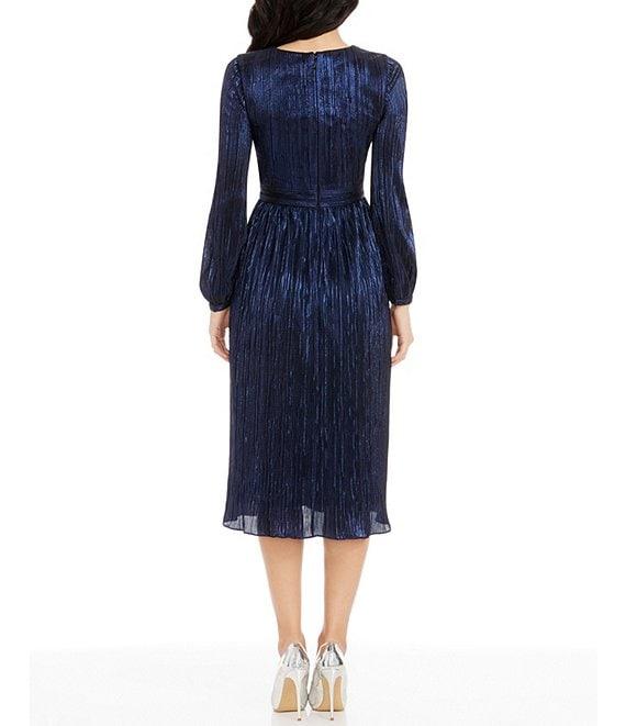 Dress the Population Holly Metallic V-Neck Long Bishop Sleeve Pleated Midi Dress Product Image