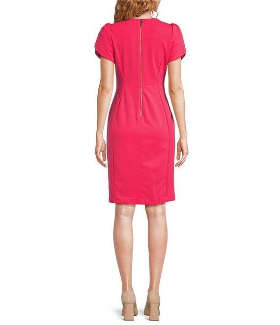 Calvin Klein Scuba Crepe Short Petal Sleeve Crew Neck Sheath Dress Product Image