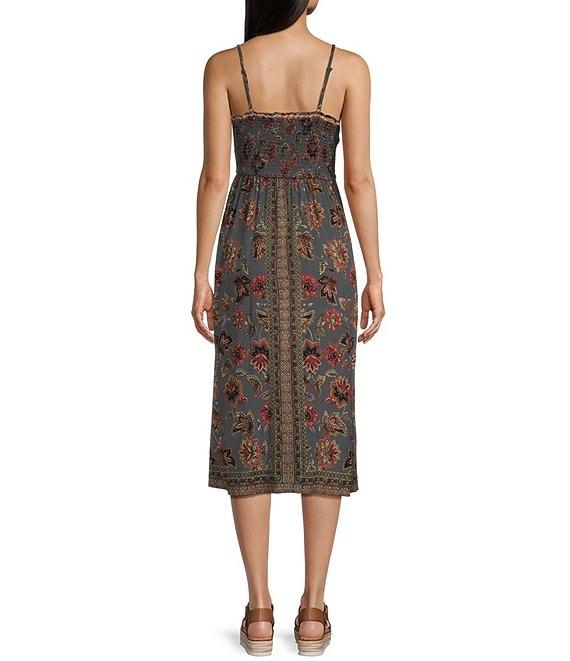 Angie Allover Floral Print V-Neck Crochet Trim Tie Front Midi Dress Product Image