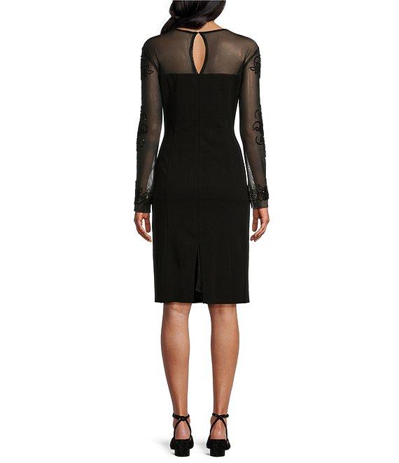 Marina Beaded Illusion Crew Neck Long Sleeve Sheath Dress Product Image
