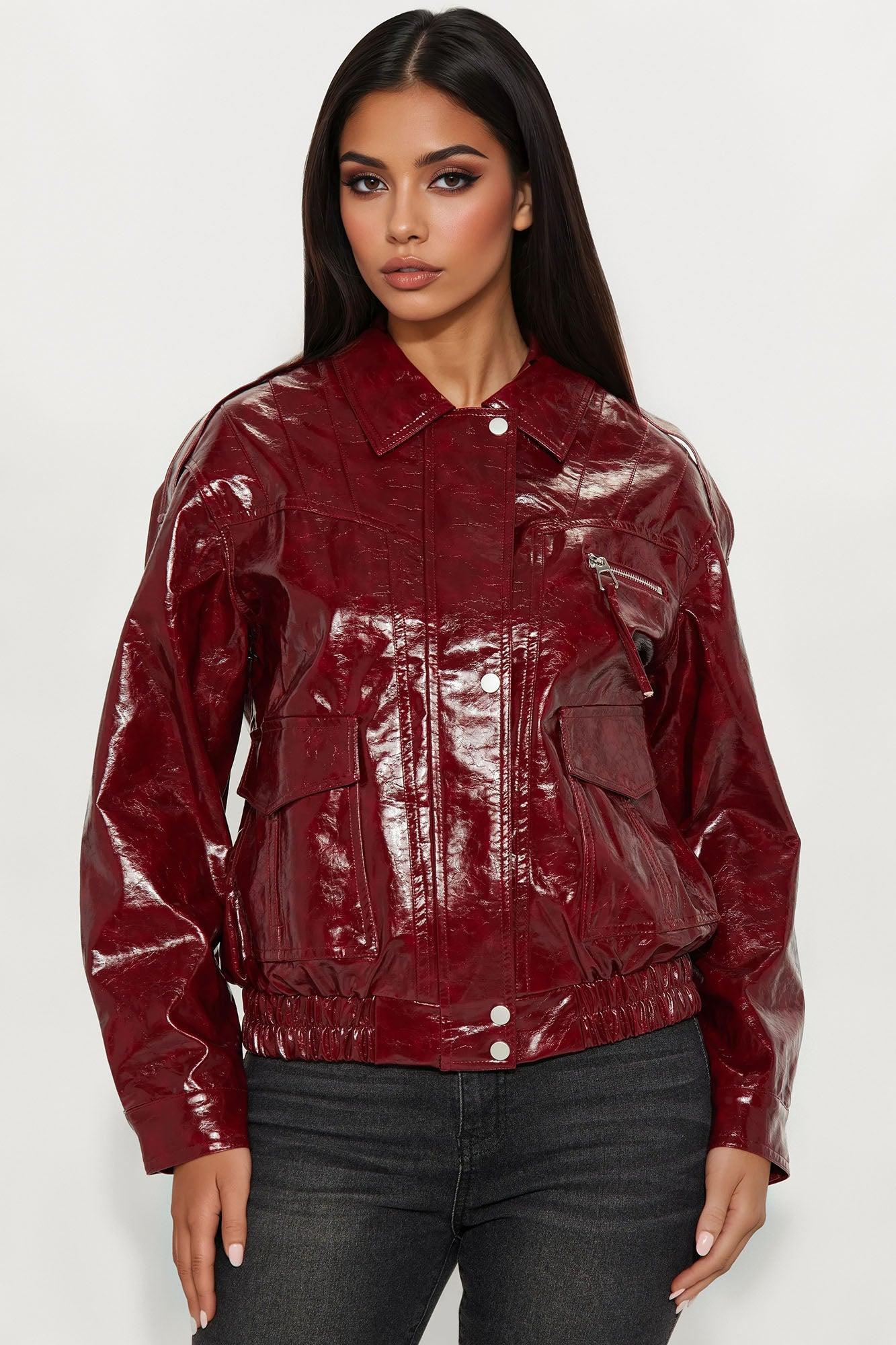 Follow My Lead Faux Leather Oversized Bomber Jacket - Burgundy Female Product Image