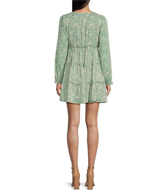Allison & Kelly Floral Print V-Neck Long Sleeve Tiered Dress Product Image
