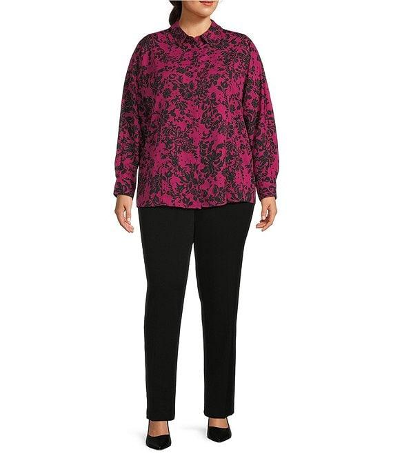 Investments Plus Size Stamped Floral Dolman Long Sleeve Button Front Point Collar Blouse Product Image