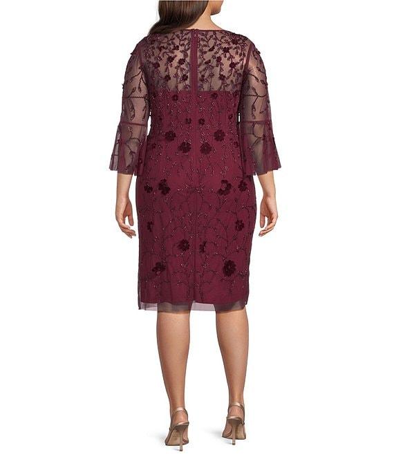 Adrianna Papell Plus Size Beaded Mesh Velvet 3/4 Sleeve Sheath Dress Product Image
