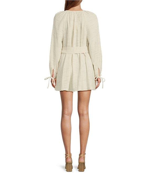 Chelsea & Violet Lila Striped Cotton Long Sleeve Split V-Neck Belted Button Down Dress Product Image