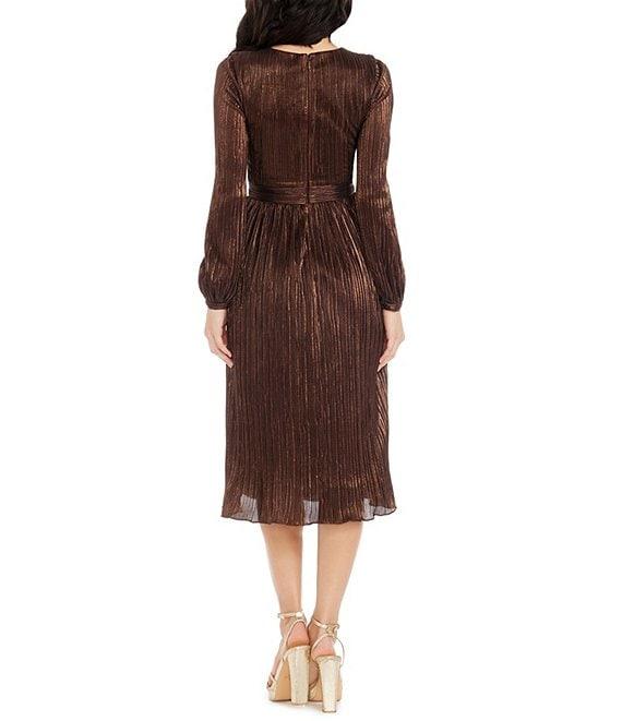 Dress the Population Holly Metallic V-Neck Long Bishop Sleeve Pleated Midi Dress Product Image