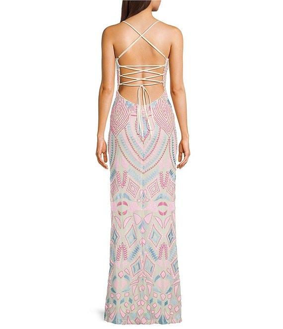 Next Up Printed Scoop Neck Spaghetti Strap Front Slit Dress Product Image