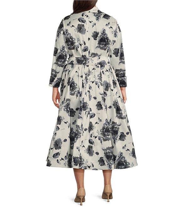 Marina Plus Size Taffeta Collared V-Neck Long Sleeve Button Front Tie Sash Fit-and-Flare Midi Dress Product Image