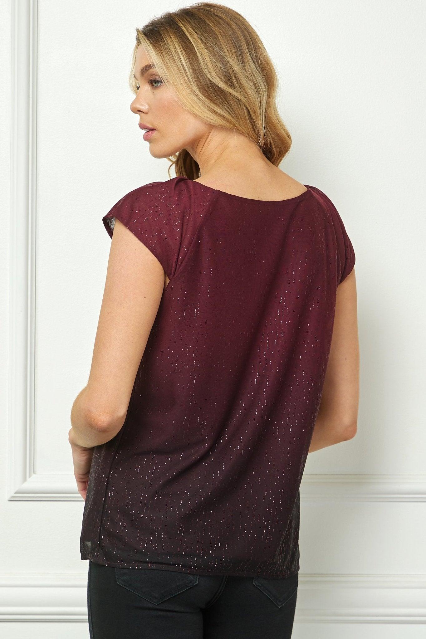 Cap Sleeve Pleat Scoop Neck Blouse, Burgundy Product Image