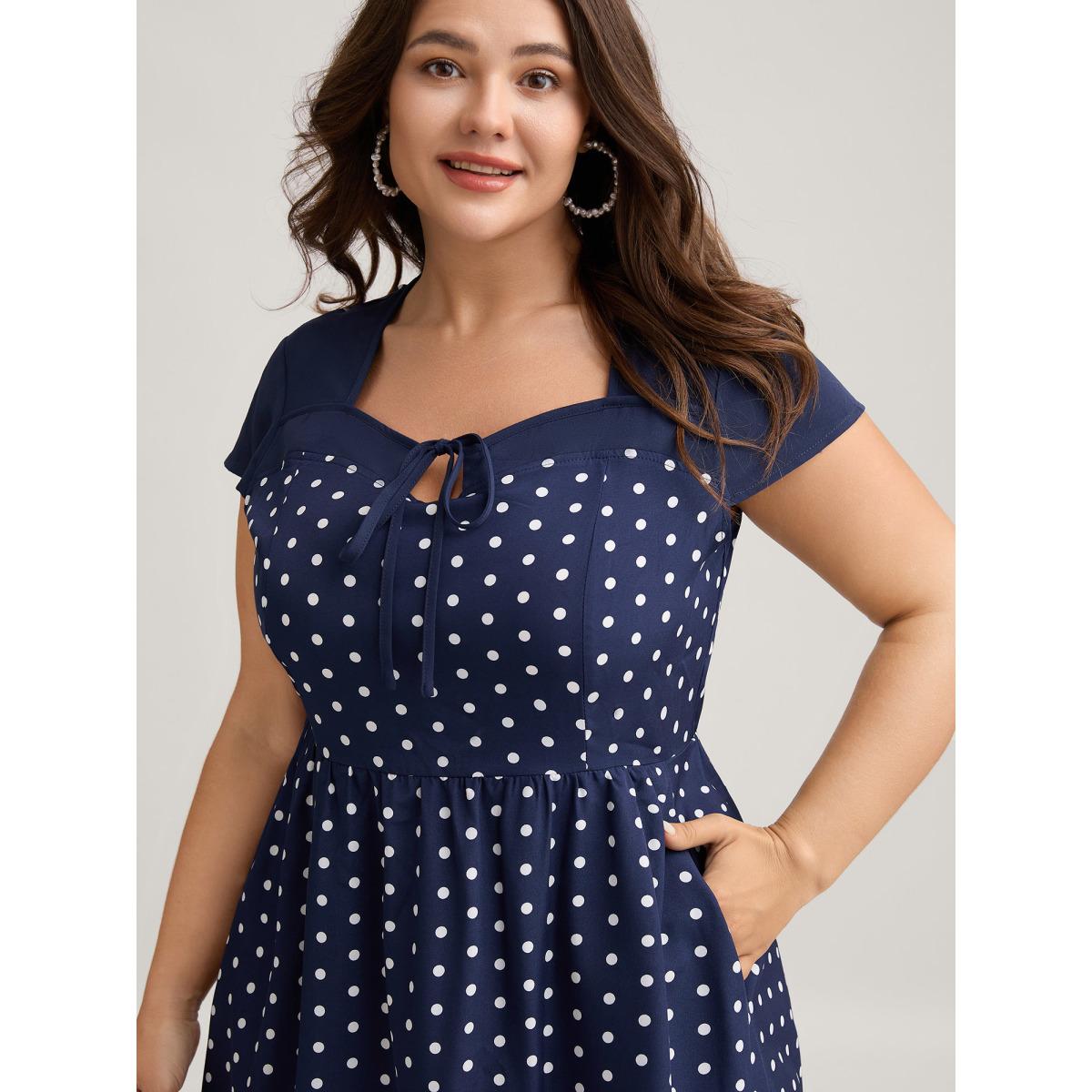 Plus Size Polka Dots Stretchy Waist Pockets Midi Dress Navy Women Retro Heart neckline Cap Sleeve Curvy BloomChic 30/6X Product Image