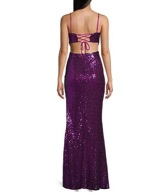 Honey and Rosie Sequin Lace-Up Back Cut-Out Long Dress Product Image