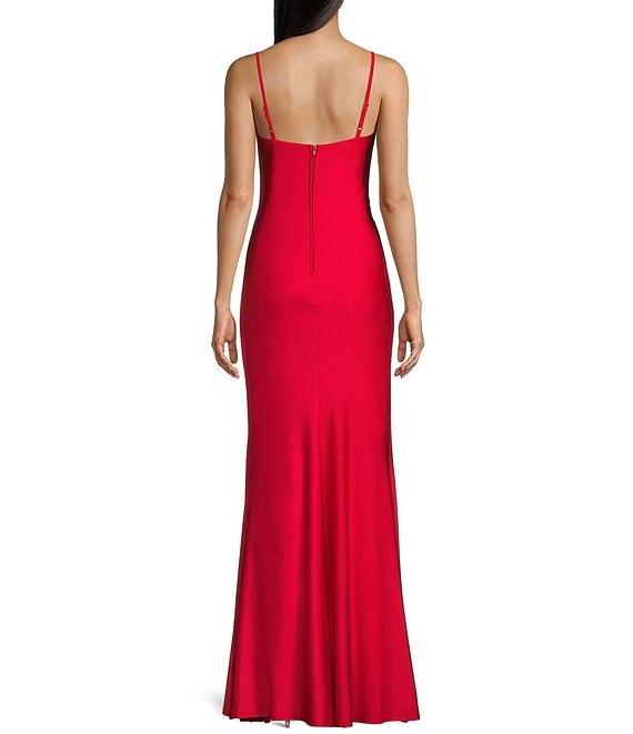 B. Darlin Straight Neck Spaghetti Strap Shirred Bodice Front Slit Dress Product Image