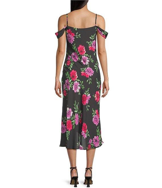 I.N. San Francisco Floral Printed Cowl Neck Cold Shoulder Asymmetrical Hem Front Slit Midi Dress Product Image
