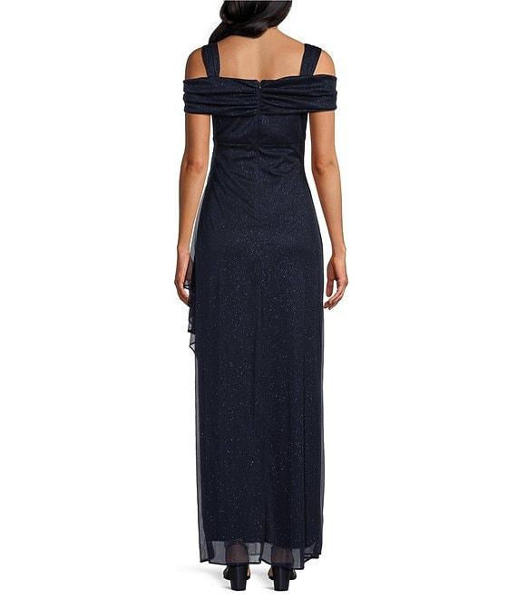 Alex Evenings Glitter Mesh Cowl Neck Cold Shoulder Cap Sleeve Side Slit Ruched Gown Product Image