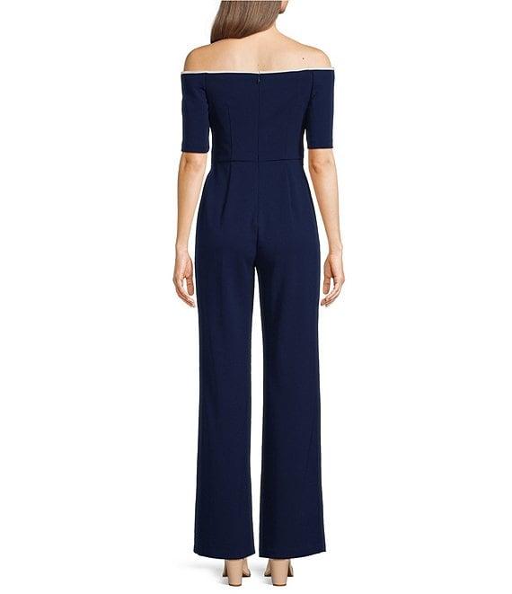 Adrianna Papell Off-the-Shoulder Short Elbow Sleeve Contrast Piping Stretch Crepe Twist Tie Waist Straight Leg Jumpsuit Product Image