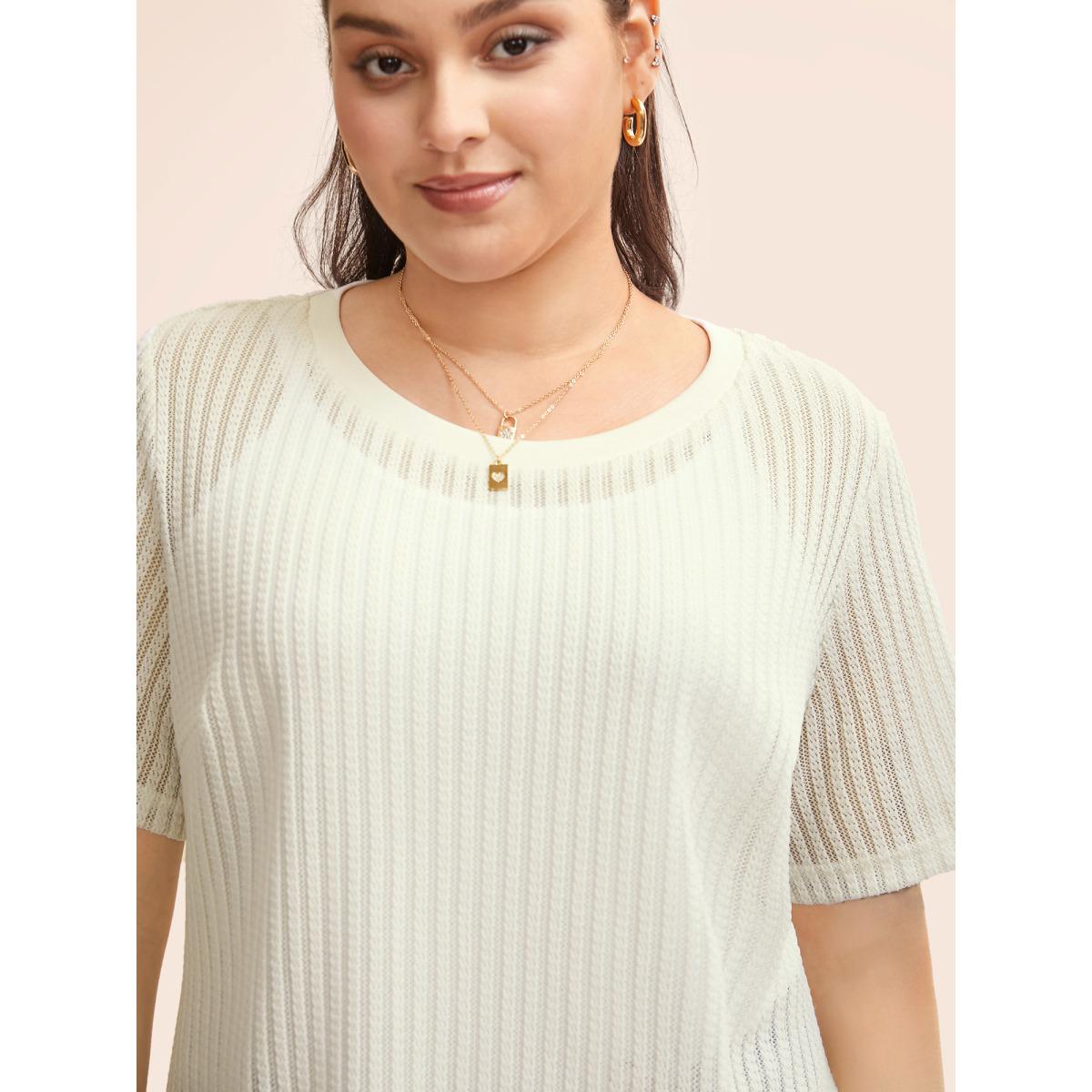 Plus Size Round Neck Pointelle Knit T-shirt Beige Women Casual Texture Round Neck Everyday T-shirts BloomChic 18-20/2X Product Image