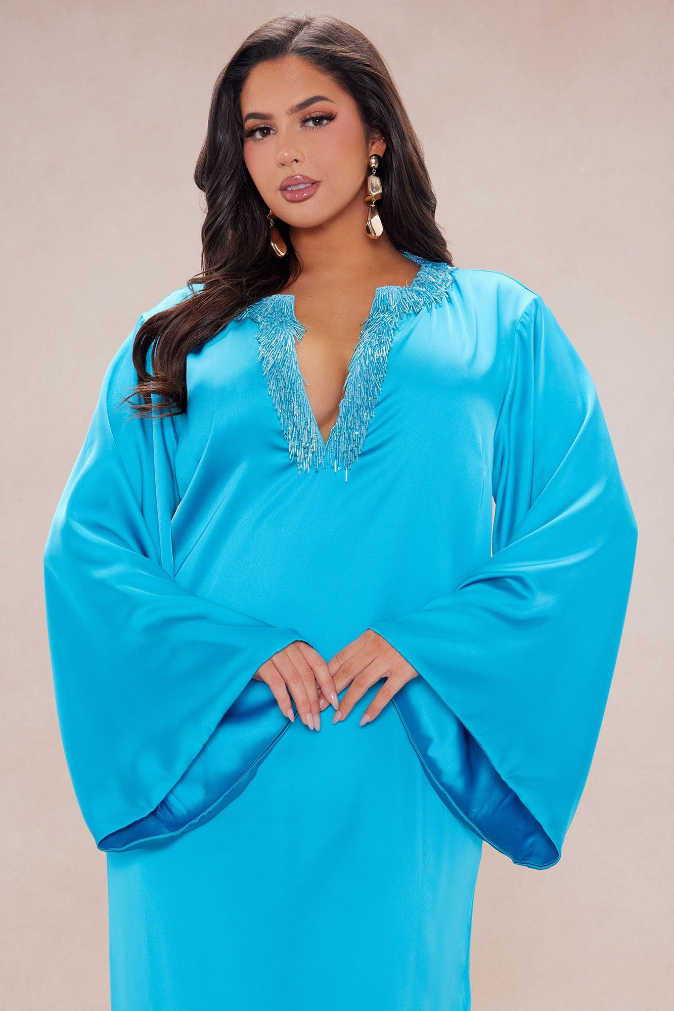 Silas Satin Kaftan Maxi Dress - Turquoise Product Image
