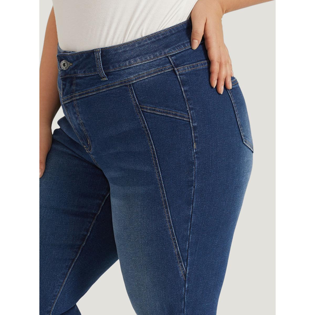Plus Size Solid Very Stretchy Patchwork High Rise Jeans Women Blue Casual Plain Plain High stretch Pocket Jeans BloomChic 10/M Product Image