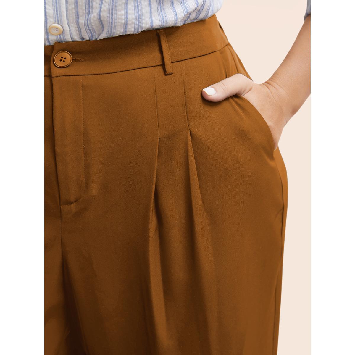 Plus Size Stretch Woven Pleated Elastic Waist Pants Women Yellowishbrown At the Office Wide Leg Mid Rise Office Pants BloomChic 30/6X Product Image