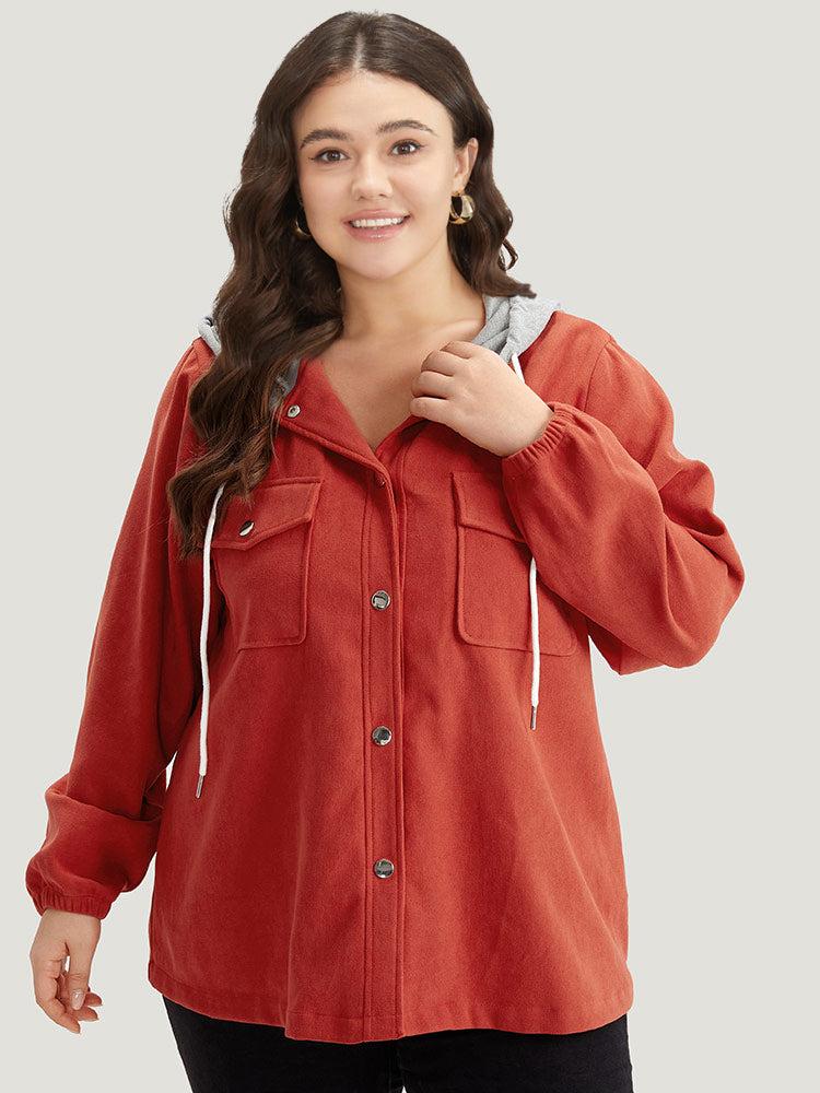 Contrast Patchwork Button Through Hooded Drawstring Corduroy Coat Female Product Image