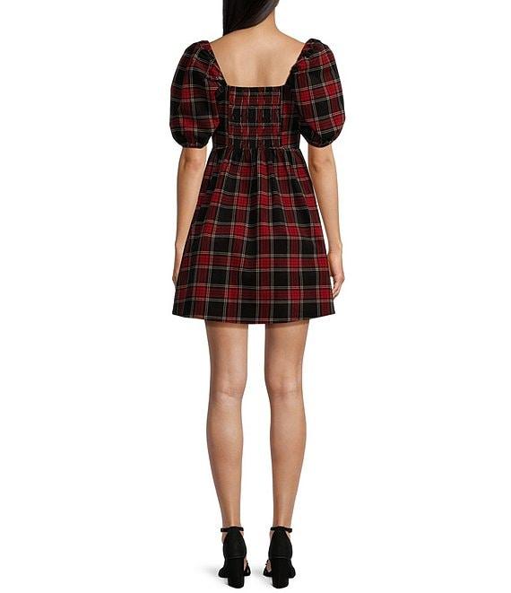 Copper Key Plaid Square Neck Puff Sleeve Dress Product Image