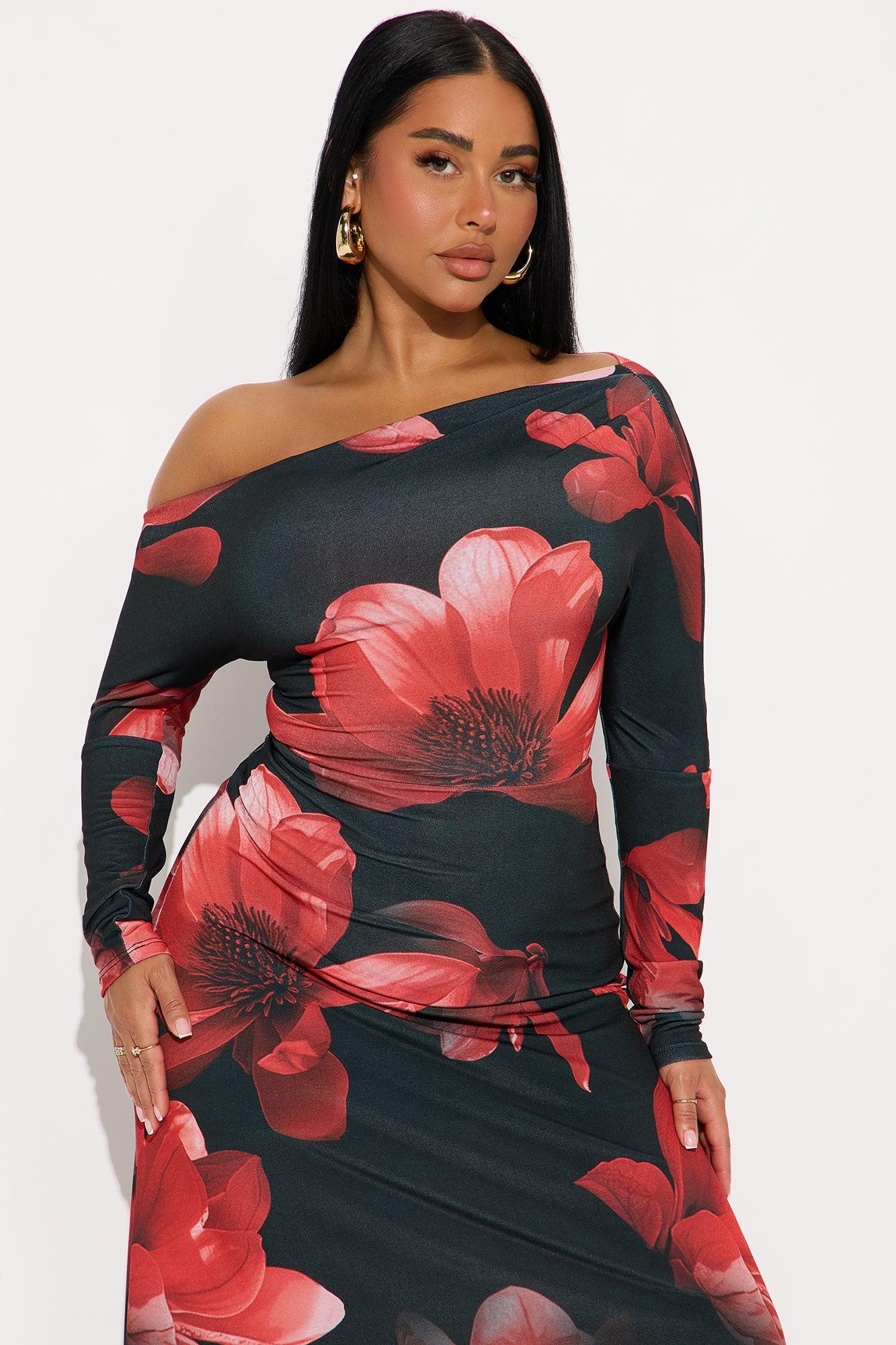 Brea Long Sleeve Floral Midi Dress - Black/Red Female Product Image
