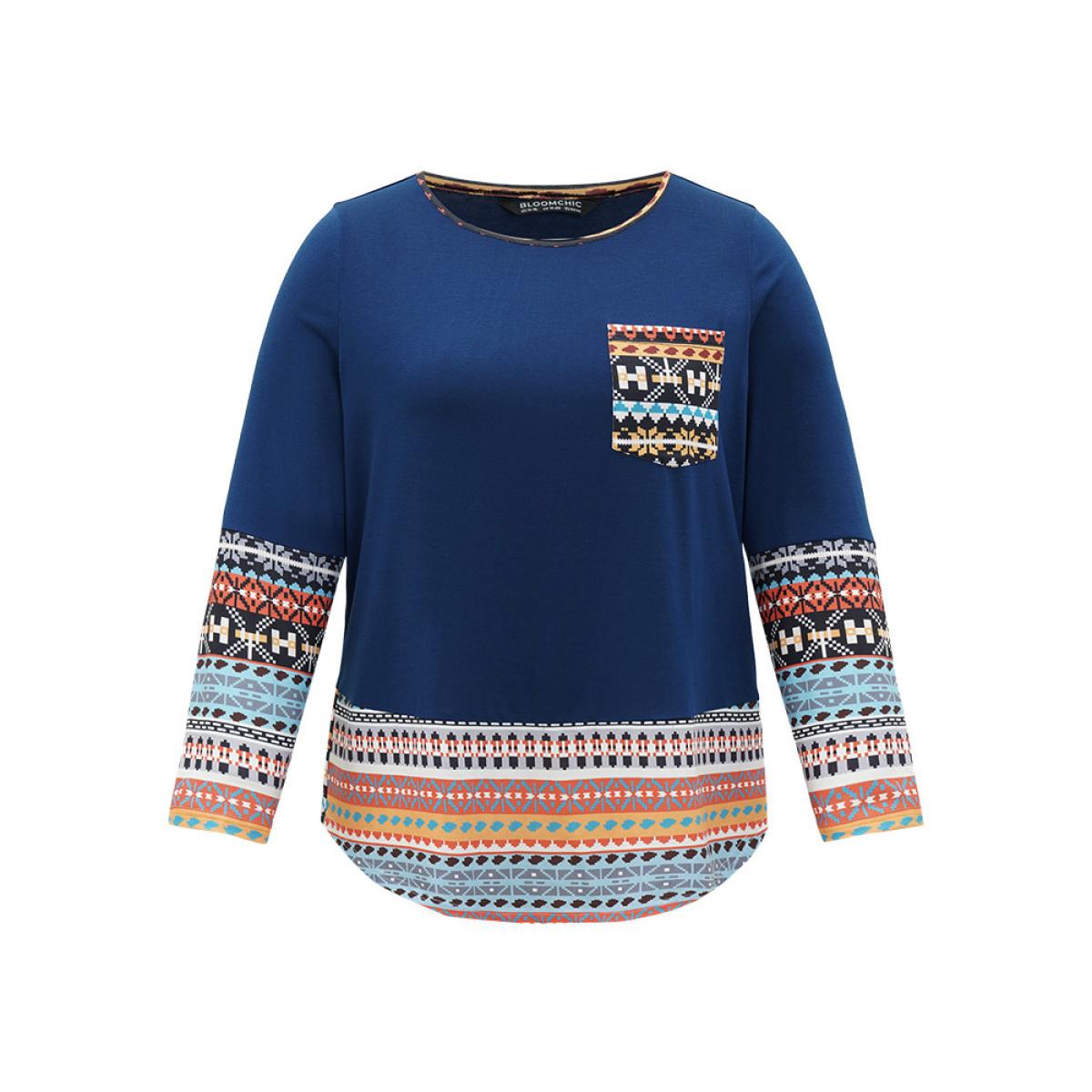 Plus Size Bandana Print Patched Pocket Curved Hem T-shirt Blue Women Elegant Patchwork Bohemian Print Round Neck Dailywear T-shirts BloomChic 28/5X Product Image