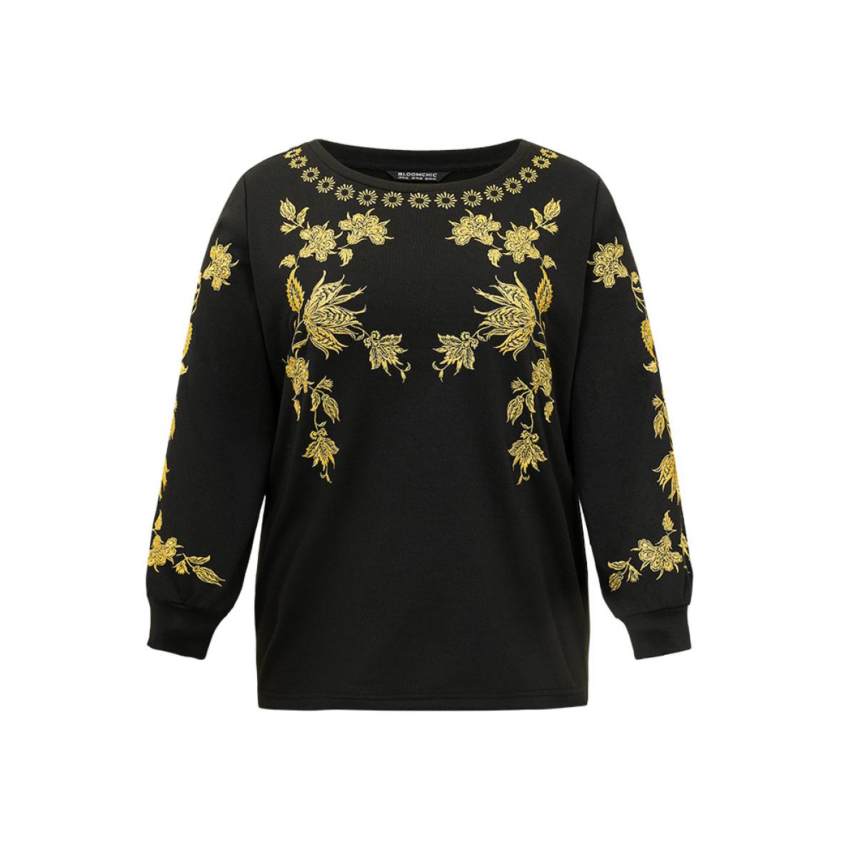 Plus Size Floral Embroidered Two Tone Sweatshirt Women Black Elegant Contrast Round Neck Dailywear Sweatshirts BloomChic 18-20/2X Product Image