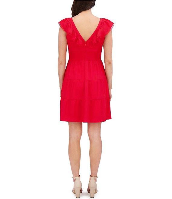 Kensie Short Flutter Sleeve V-Neck Tiered Fit and Flare Dress Product Image