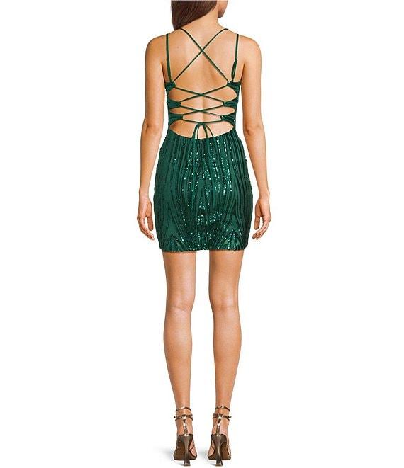 B. Darlin Patterned Sequin Double Spaghetti Strap Sweetheart Neck Lace Up Back Dress Product Image