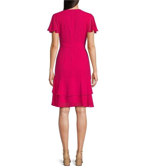 Leslie Fay Chiffon Crepe V Neck Flutter Sleeve Tie Sash A-Line Dress Product Image