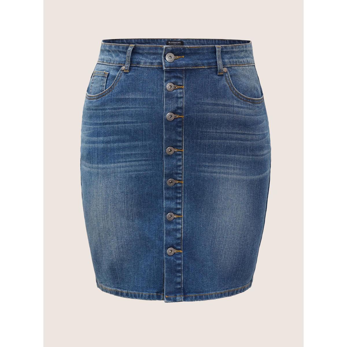 Plus Size Dark Wash Button Detail Bodycon Denim Skirt Women Blue Everyday Non Plain High stretch Dark Wash 28/5X Slanted pocket Elegant Denim Skirts BloomChic Product Image