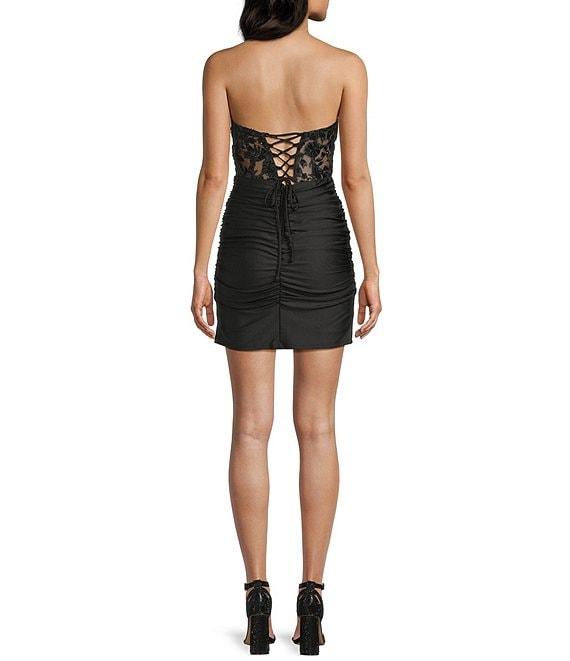 B. Darlin Strapless Illusion Bodice Lace Up Back Shirred Dress Product Image