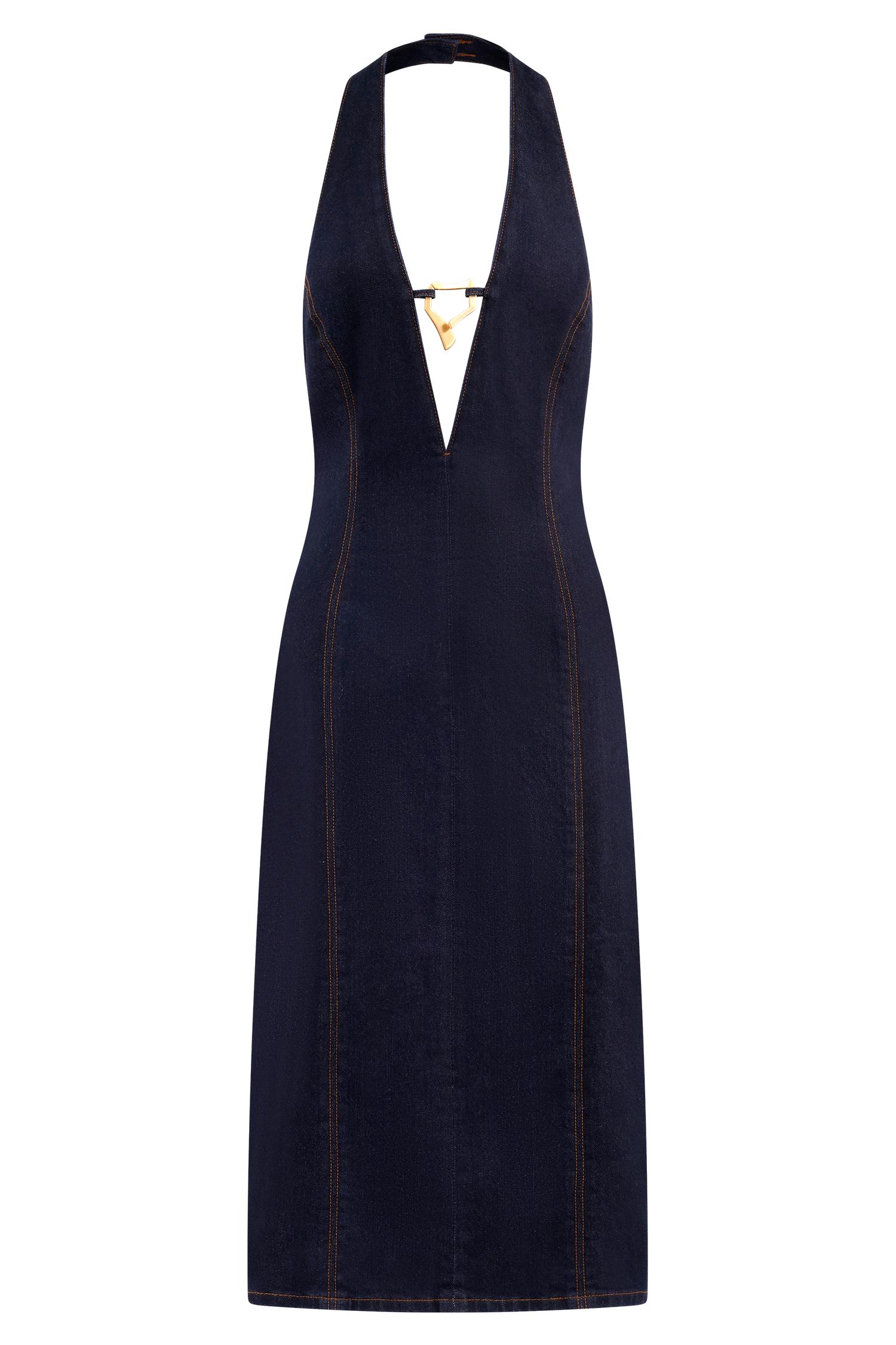 Shauna Denim Halter Midi Dress - Indigo Blue Product Image