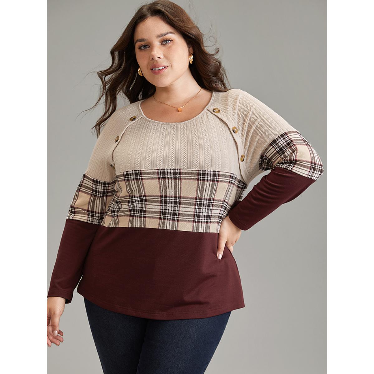 Plus Size Colorblock Contrast Button Detail Plaid Sweatshirt Women Burgundy Elegant Contrast Round Neck Dailywear Sweatshirts BloomChic 28/5X Product Image