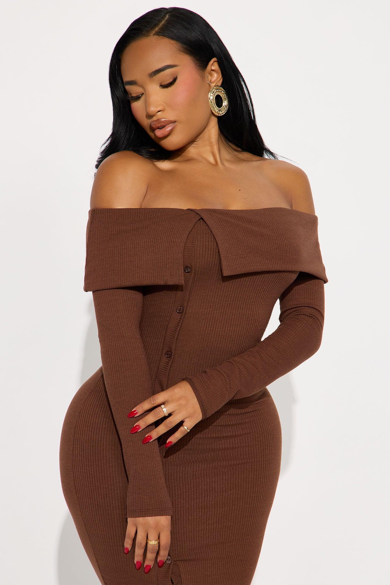 Leilani Off Shoulder Sweater Midi Dress - Chocolate Female Product Image