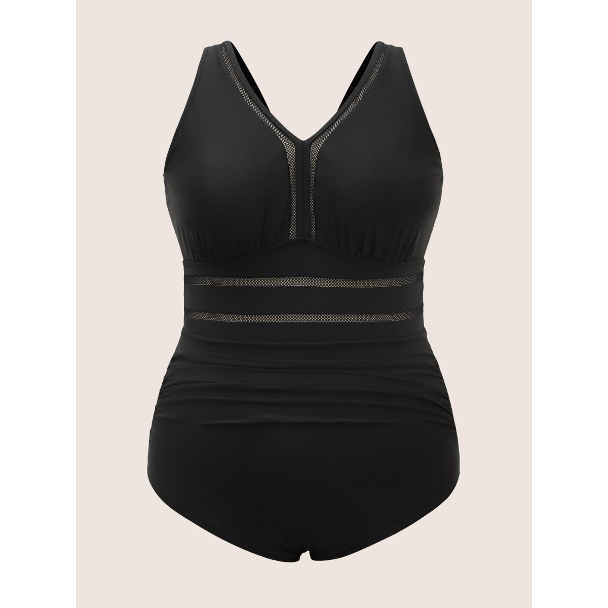 Plus Size V Neck Patchwork Mesh Gathered One Piece Swimsuit Women's Swimwear Black Beach Woven ribbon&lace trim Curve Bathing Suits High stretch One Pieces BloomChic 18-20/2X Product Image