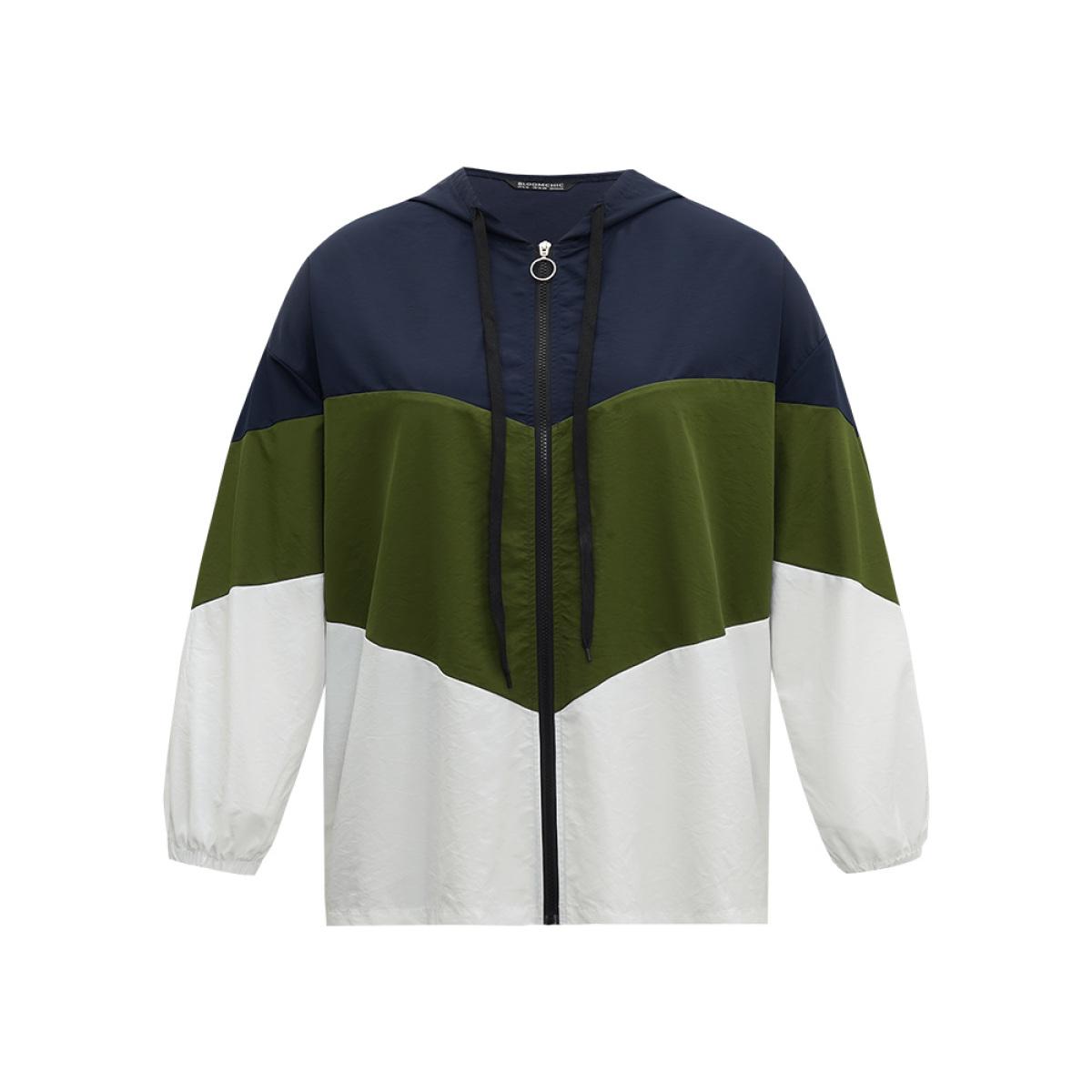 Plus Size Colorblock Contrast Drawstring Hooded Zipper Jacket Women ArmyGreen Elastic cuffs Pocket Dailywear Jackets BloomChic 18-20/2X Product Image