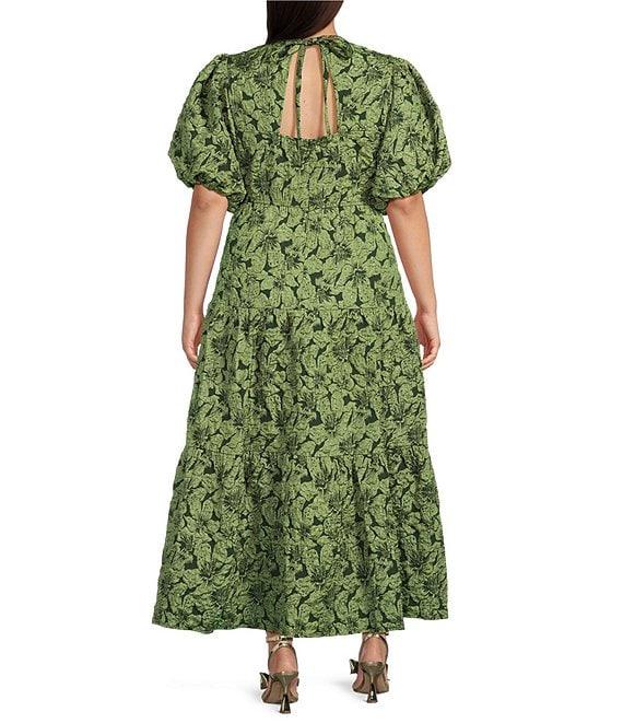 Sugarlips Plus Puffed-Sleeve Floral Jacquard Tiered Long Dress Product Image