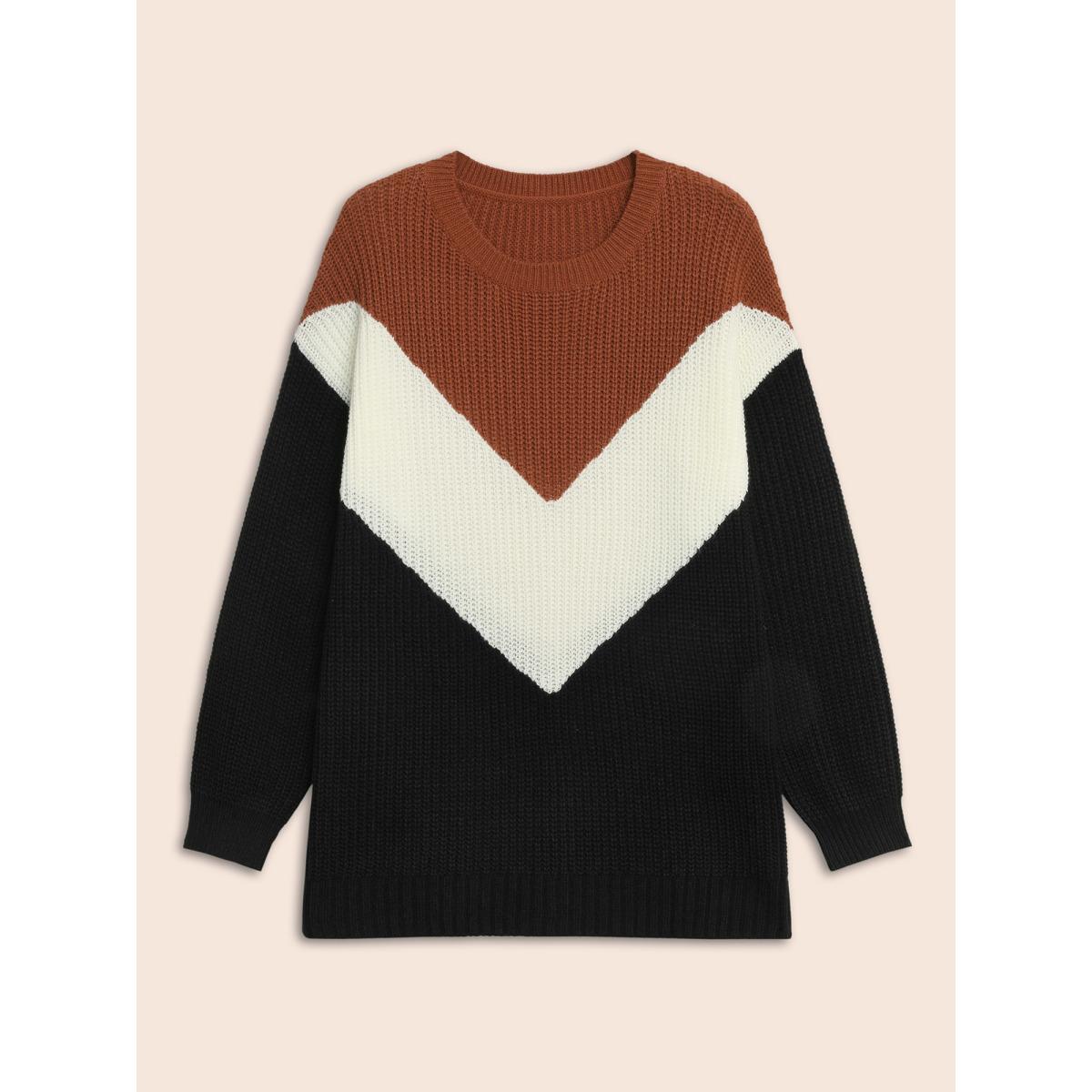 Plus Size Colorblock Contrast Lantern Sleeve Pullover Yellowishbrown Women Casual Loose Long Sleeve Round Neck Everyday Pullovers BloomChic 28/5X Product Image