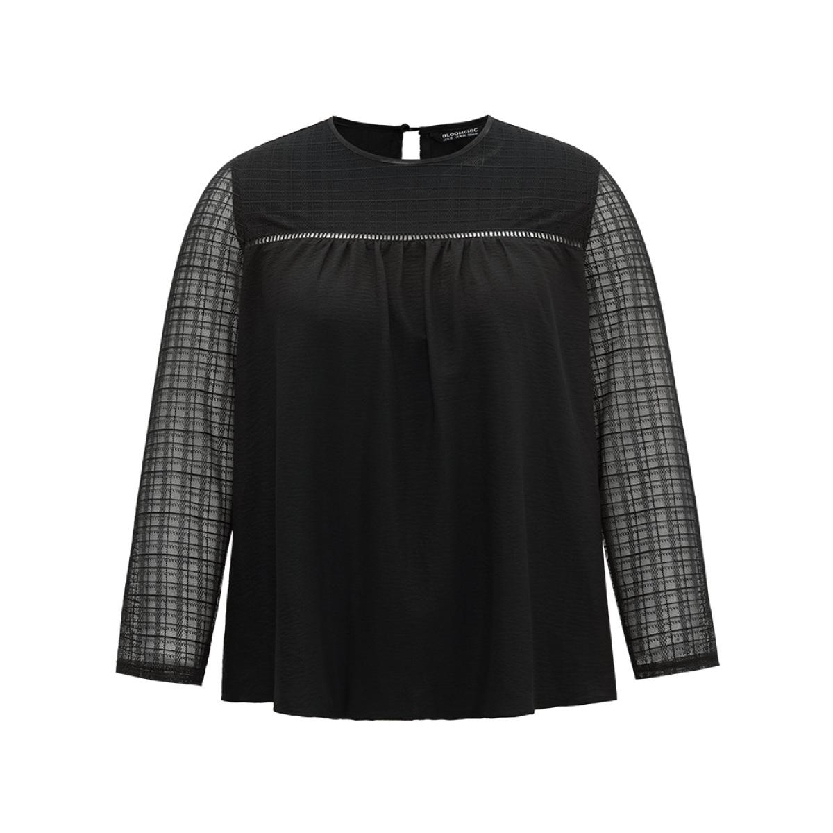 Plus Size Black Solid Keyhole Mesh Plicated Detail Blouse Women Glamour Long Sleeve Round Neck Going out Blouses BloomChic 12/L Product Image