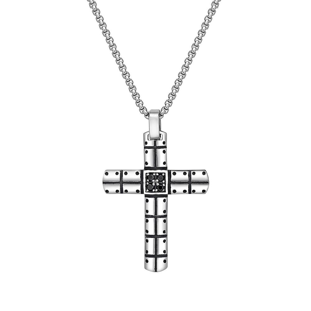 LYNX Stainless Steel Cross Pendant Cubic Zirconia Black Ion-Plated 24" Men's Necklace, Two Tone Product Image