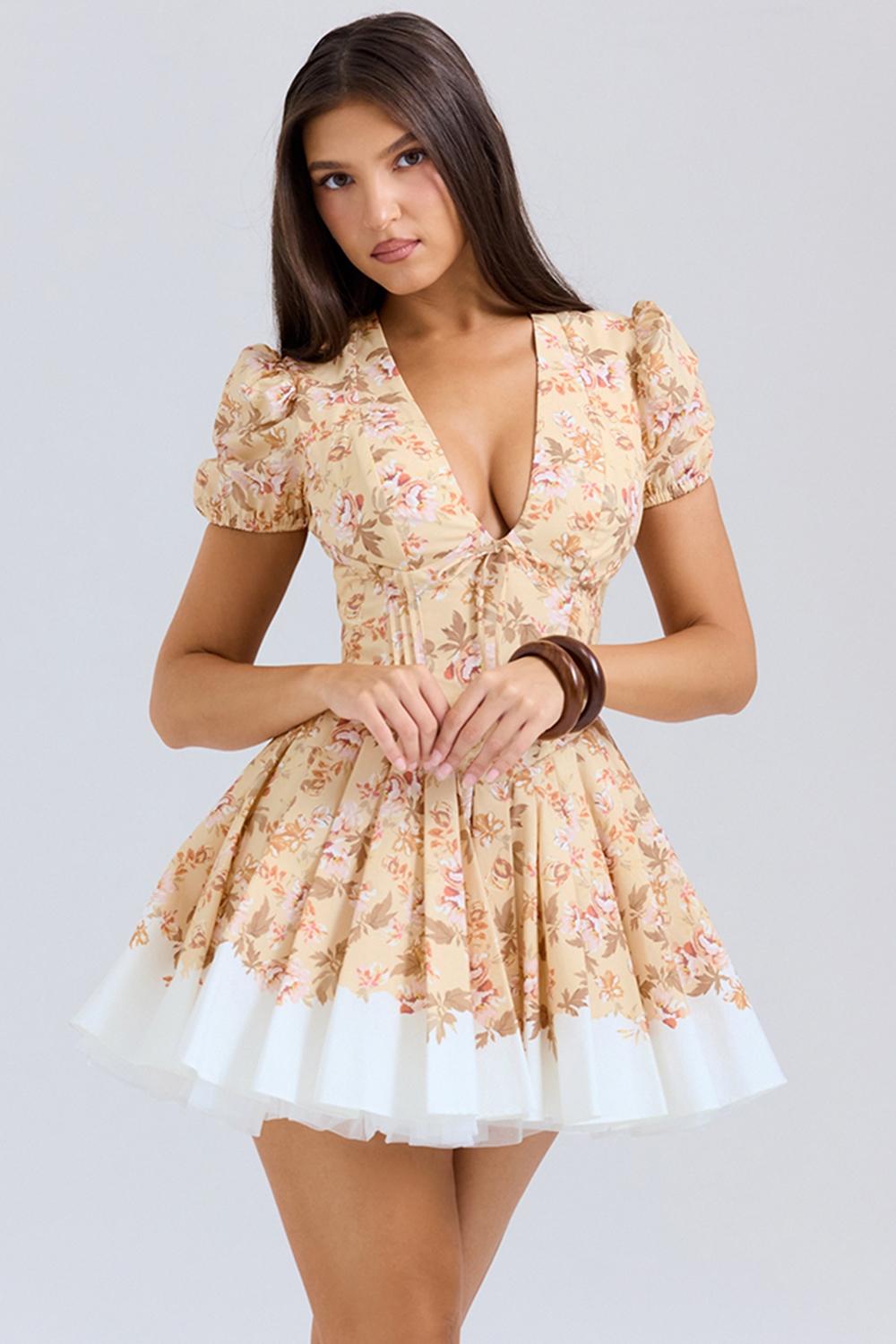 Imani  honeyflower print pleated cotton mini dress Product Image